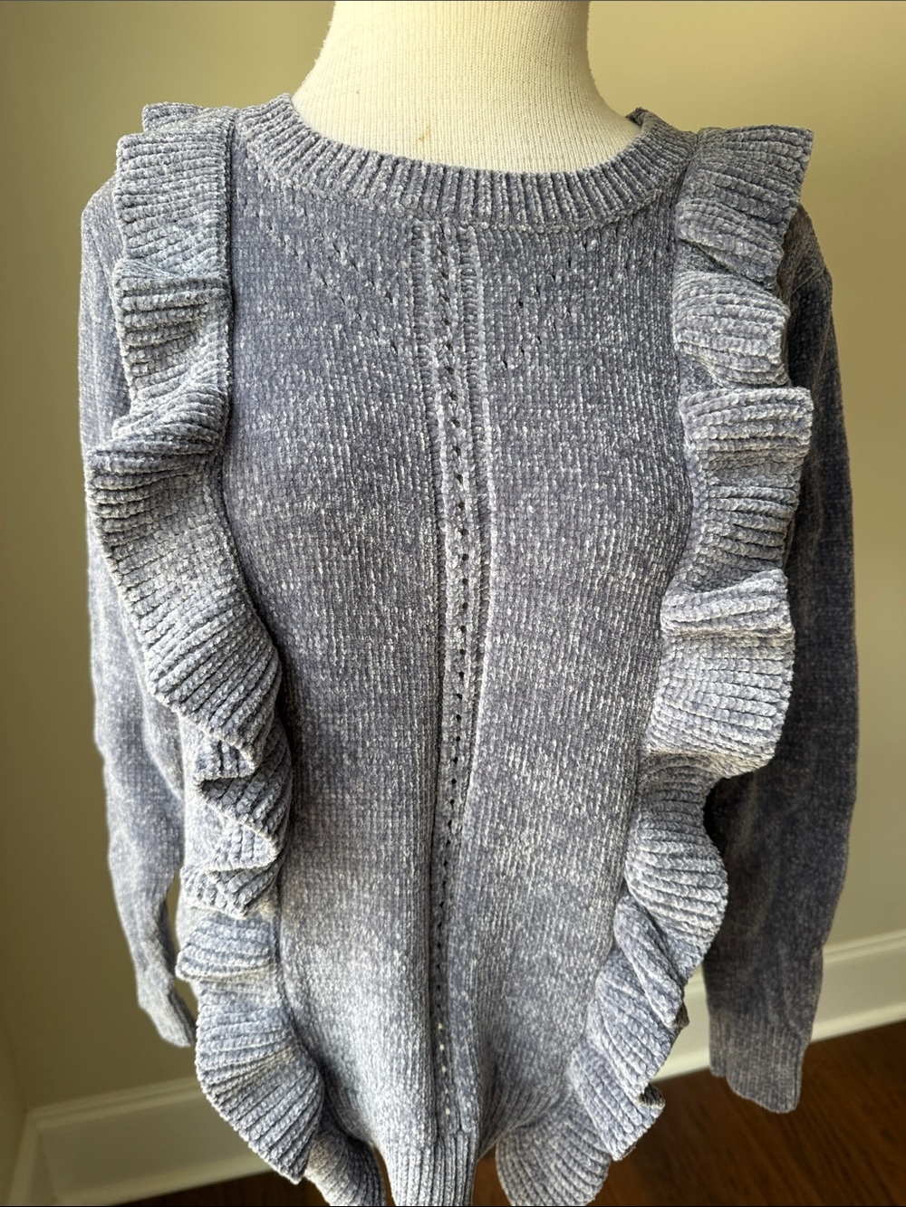 Ruffle-Trim Crewneck Sweater in Heather Gray